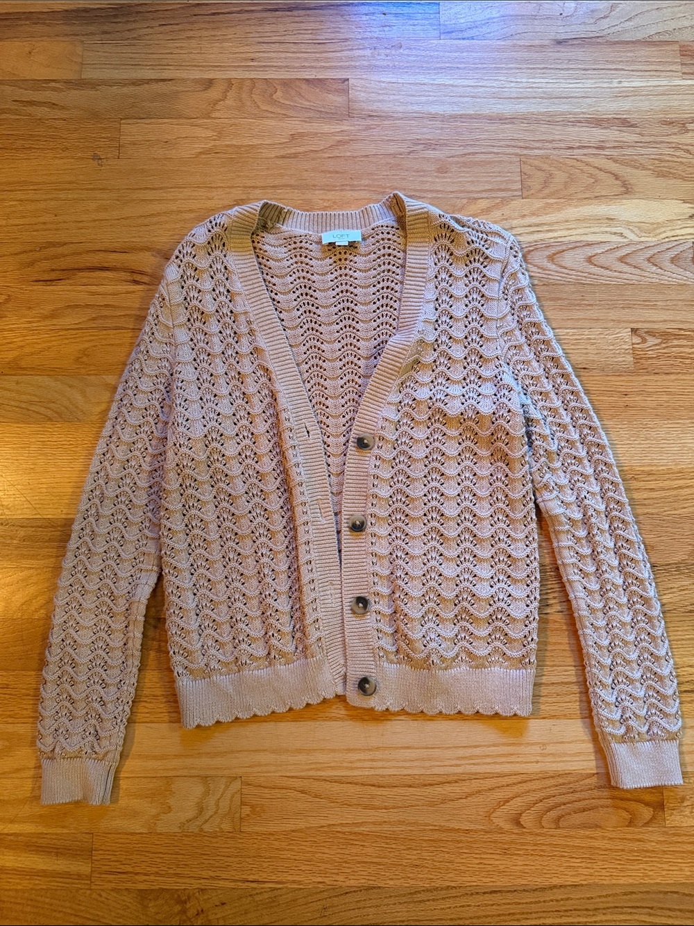 LOFT Tan Openwork Button-Front Cardigan